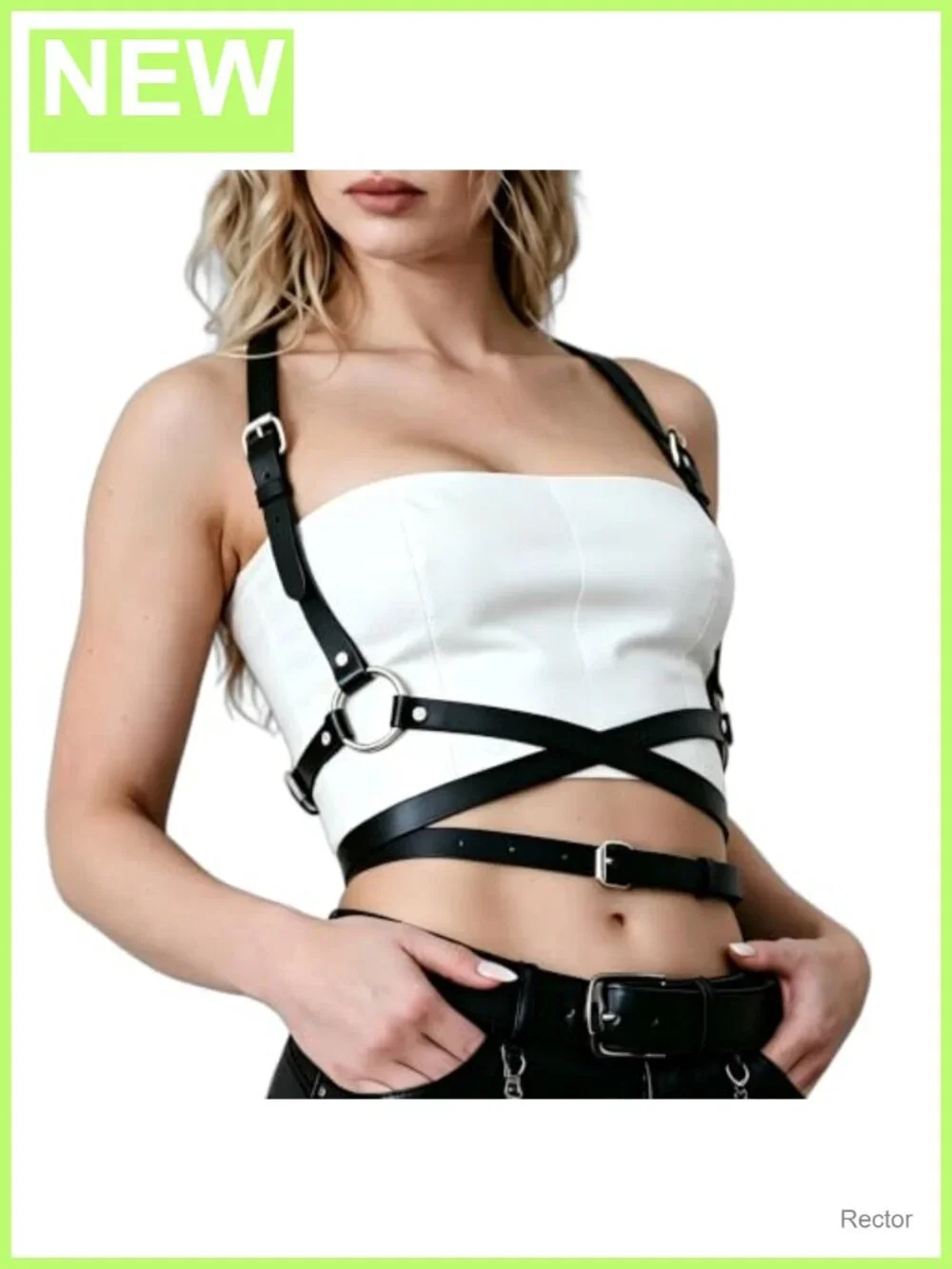 Punk Goth Leather Body Harness Belt with Waist Chain - Adjustable Rave